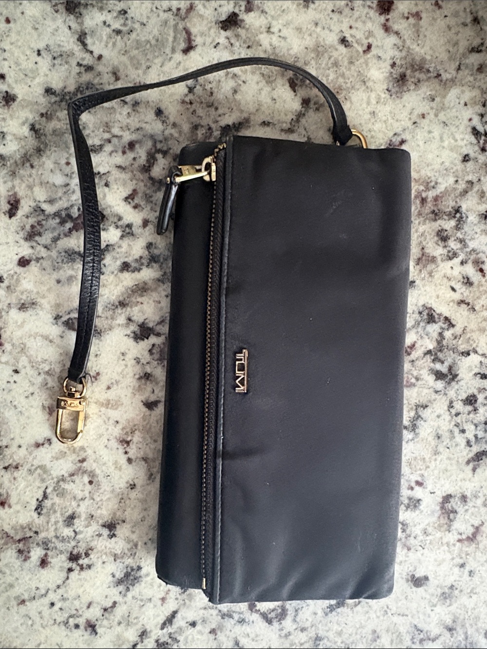 Tumi Black Leather Wristlet Clutch with Gold Hardware